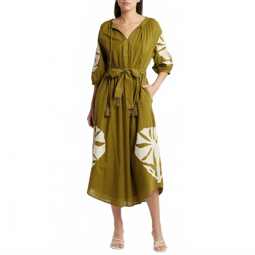 ANTHROPOLOGIE by CIEBON‎ Tiana Embroidered Cotton Midi Dress In Green/tan NWT